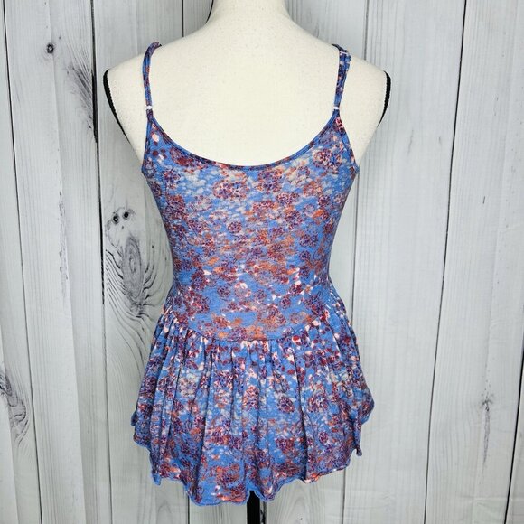 Free People Babydoll Peplum Tank Top Sz XS Blue Floral Bohemian Cottage - Picture 9 of 11